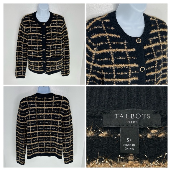 Talbots Sweaters - Talbots Bouclé Plaid Cardigan Sweater Petite Small Black Gold Metallic Preppy